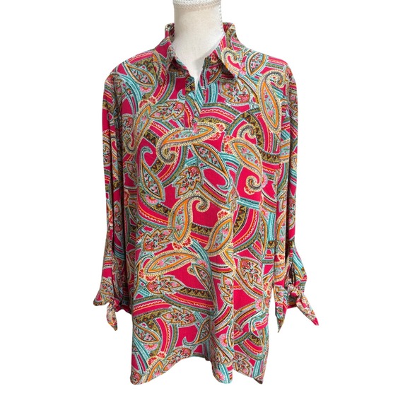 BOHO CHIC Tops - Boho Chic Womens Paisley Blouse Size Large Long Sleeve Tie Cuff Pink Multi